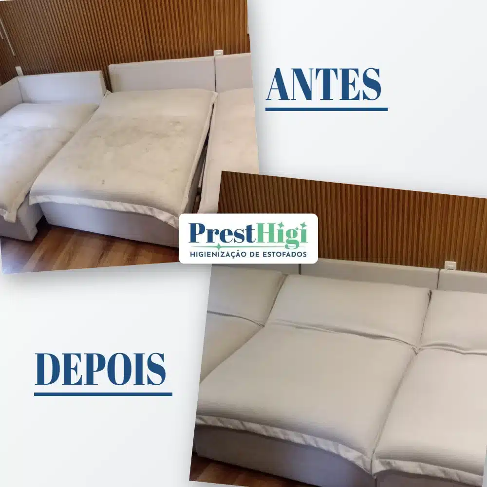 Antes e depois da higienização de sofá retrátil