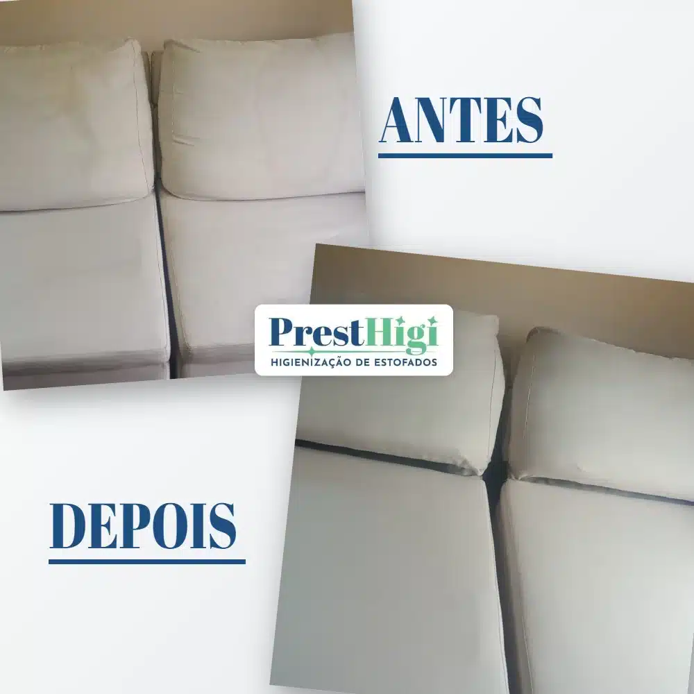 Antes e depois da higienização de sofá com manchas